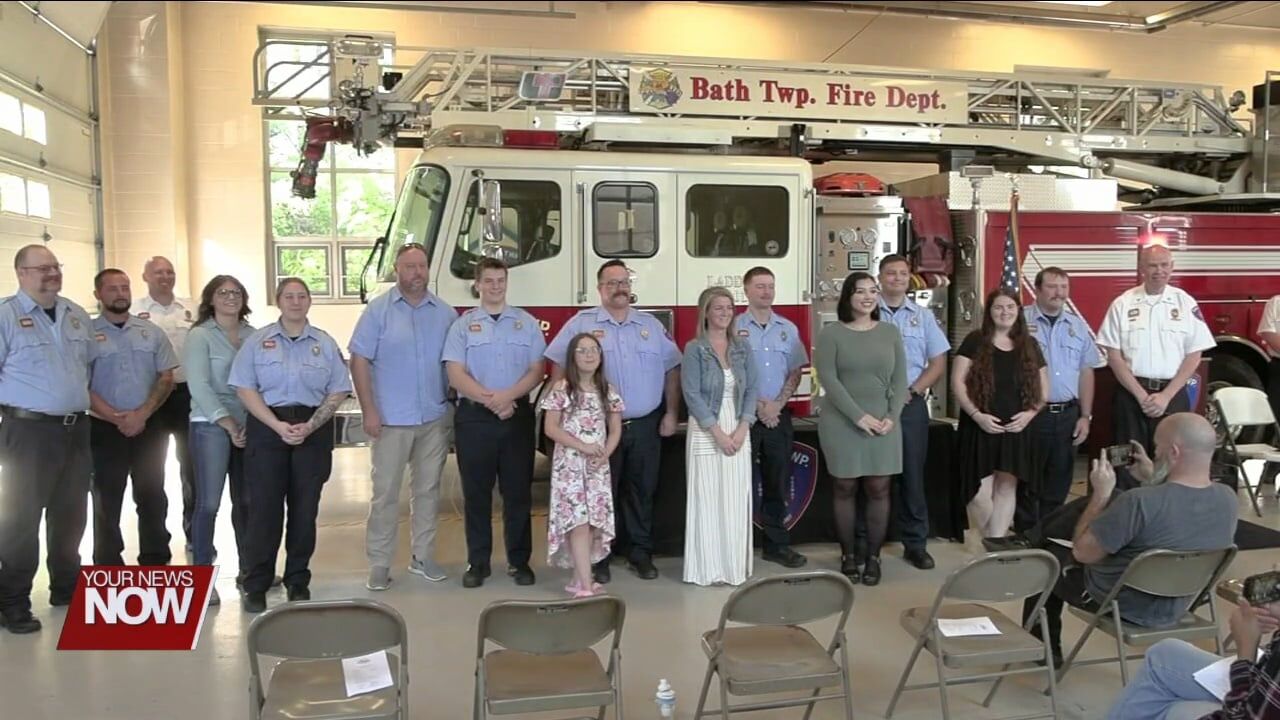 Bath Township Fire Chief, Joe Kitchen, swears in Brock Yingling as Platoon Chief along with Nine new firefighters